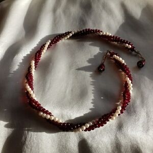 3-Strand Faux Pearl and Red Lucite Bead Torsade Necklace